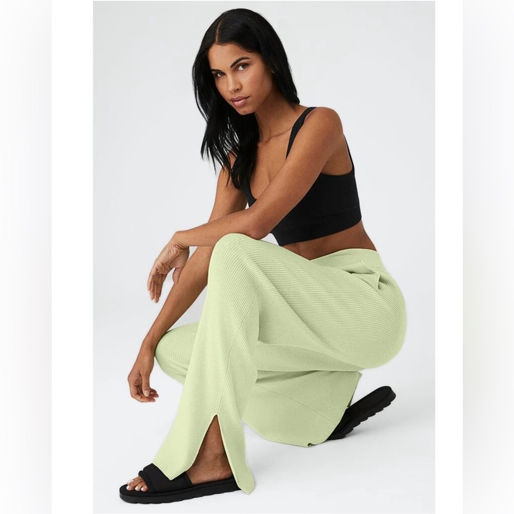 Alo Yoga Sweater Knit Salana Wide Leg Pants Green Tea Size L NWOT